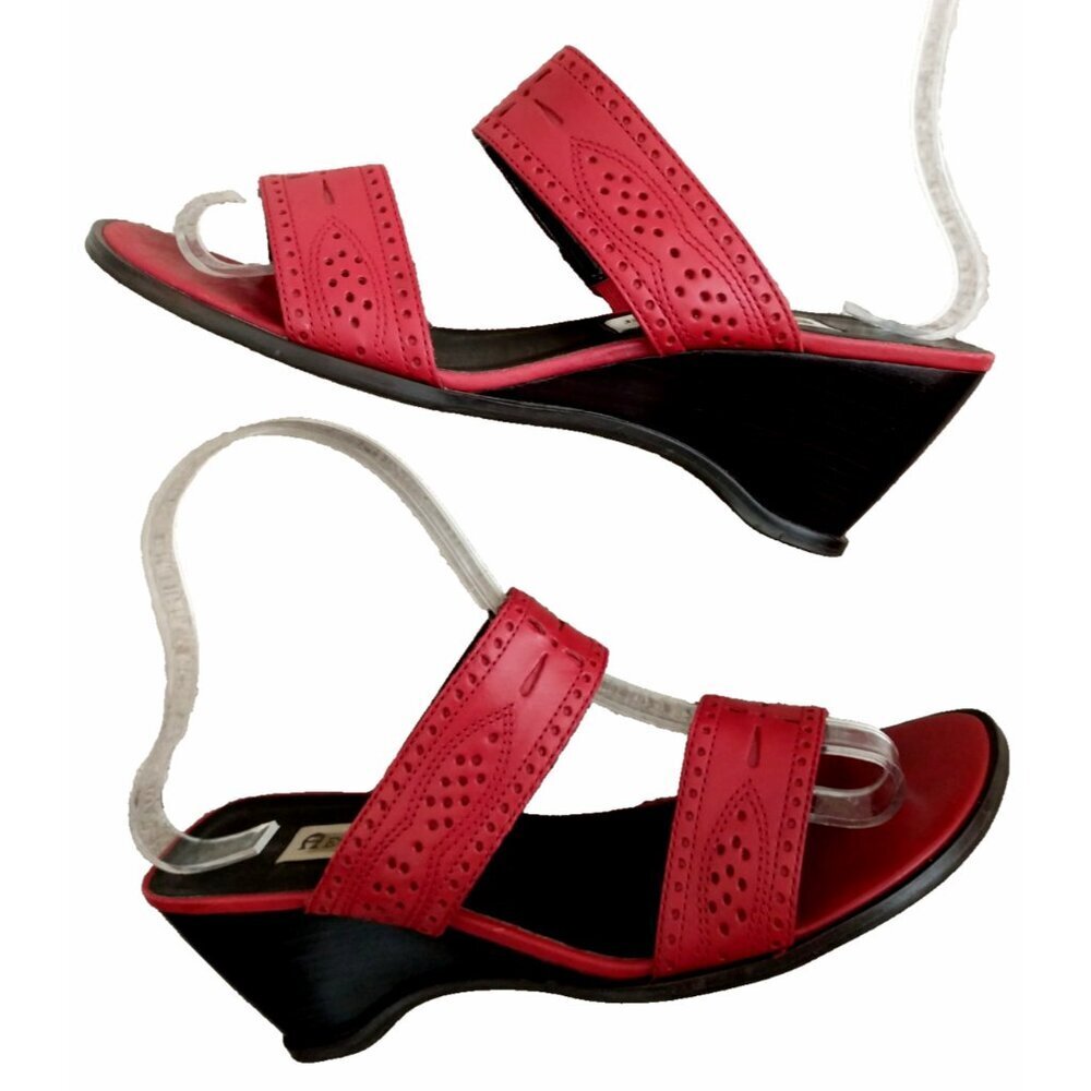 Etienne Aigner Wedge Sandals Kent Leather Double Strap Stretch Red - 7.5M